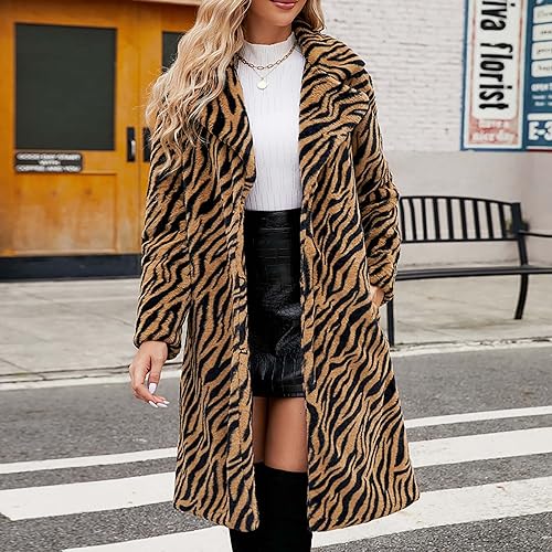 Womens Leopard Print Fleece Faux Fur Long Jacket Overcoat Plus Size K176
