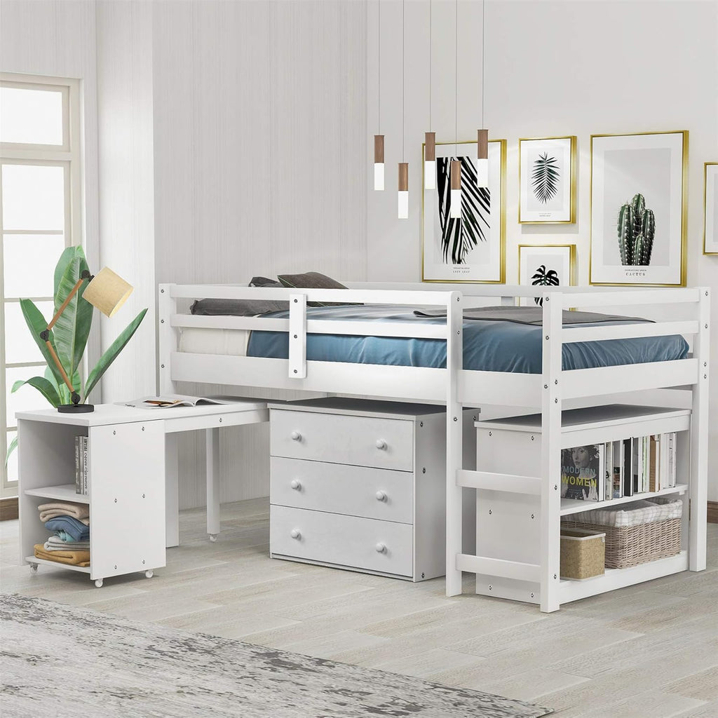 Grey Wood Twin Loft Bed with Storage Drawers A339829