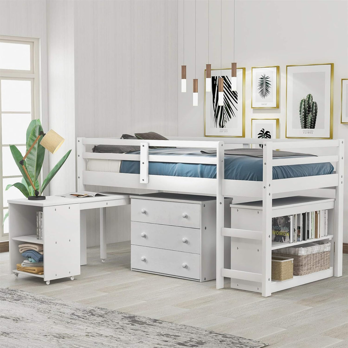 Grey Wood Twin Loft Bed with Storage Drawers A339829