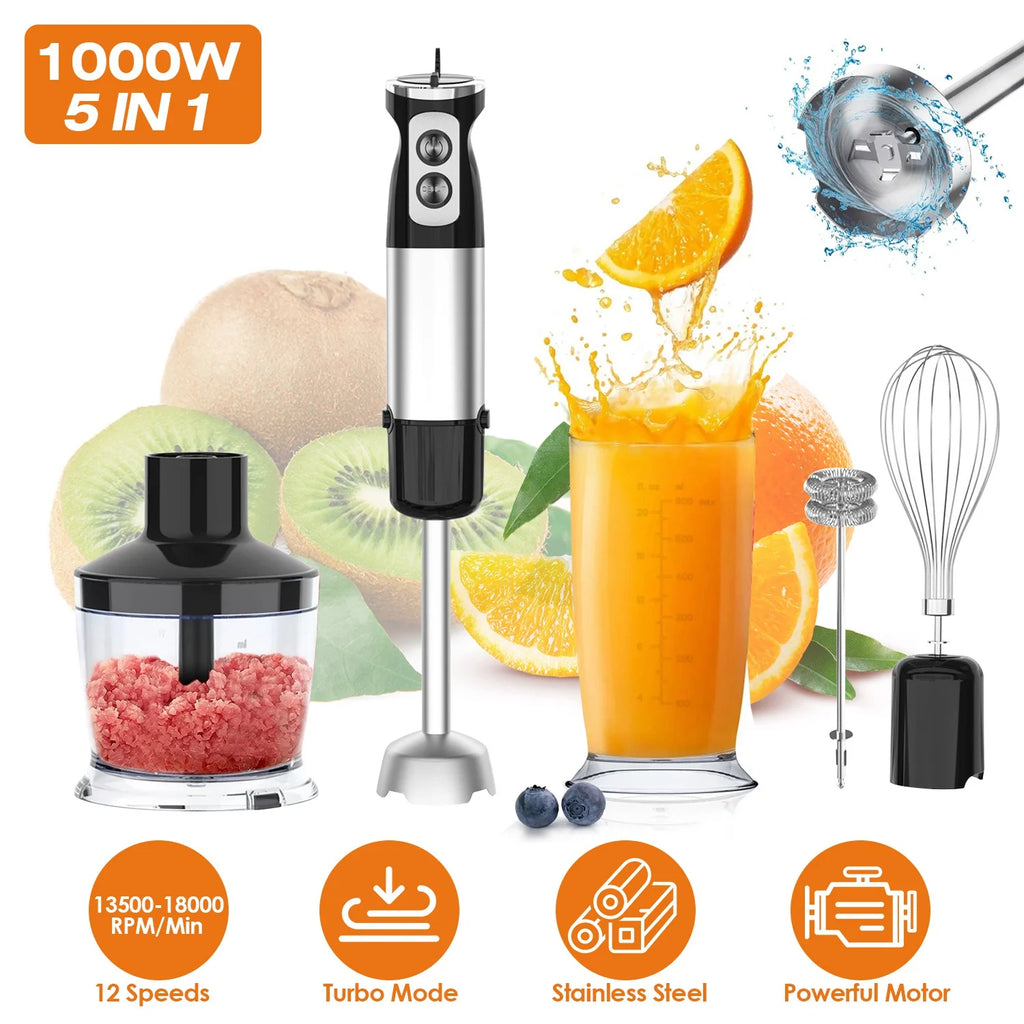 1000W 5 in 1 Stainless Steel Hand Blender with 12 Speeds W782