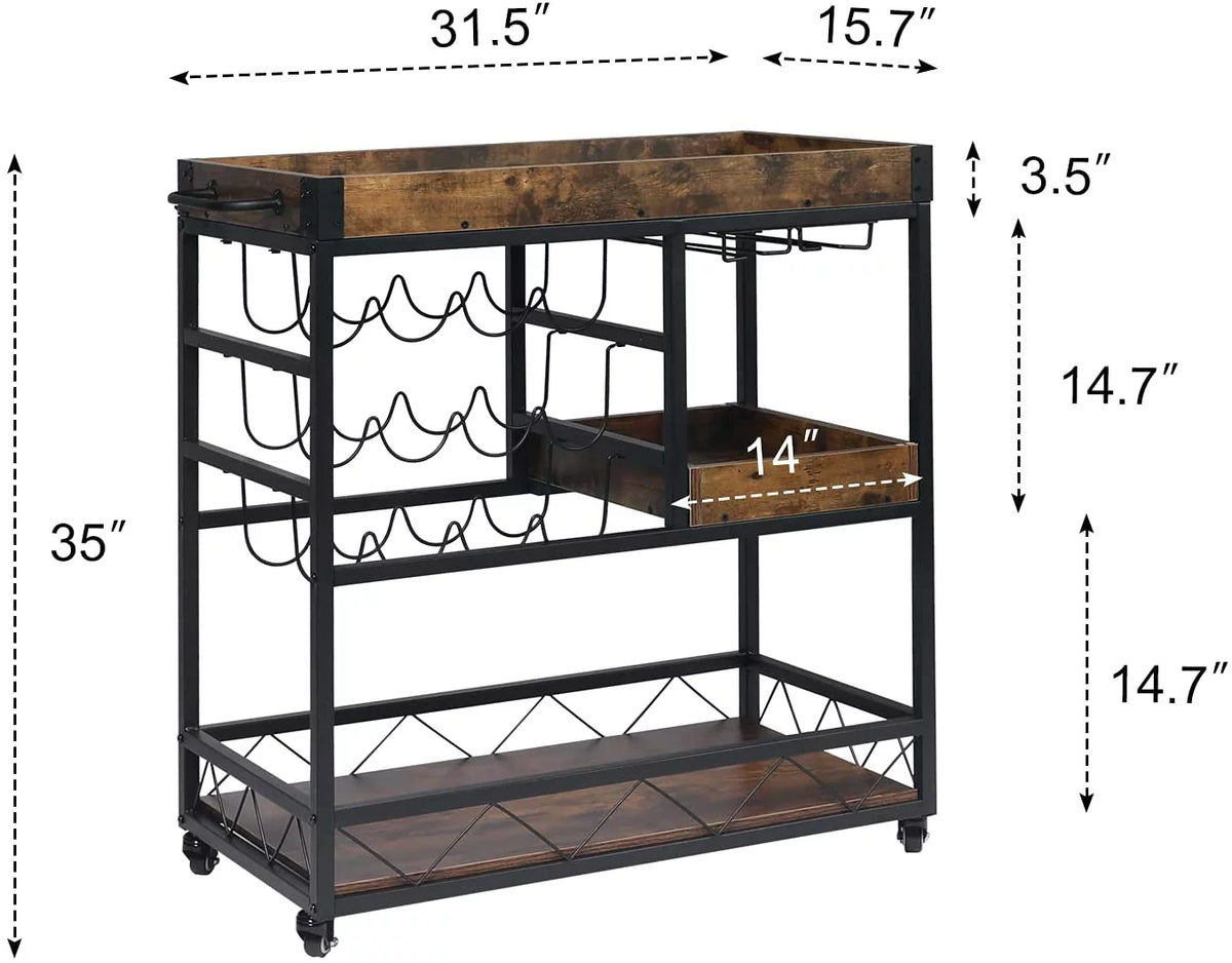 Rustic Brown Bar Cart with Wine Rack F7437