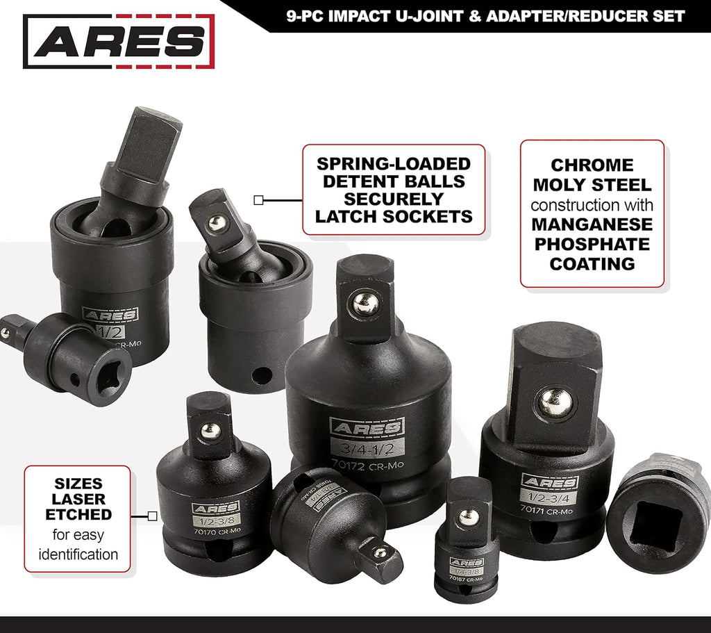 9-Pc Impact U-Joint and Adapter/Reducer Set with Aluminum Storage Rail L450