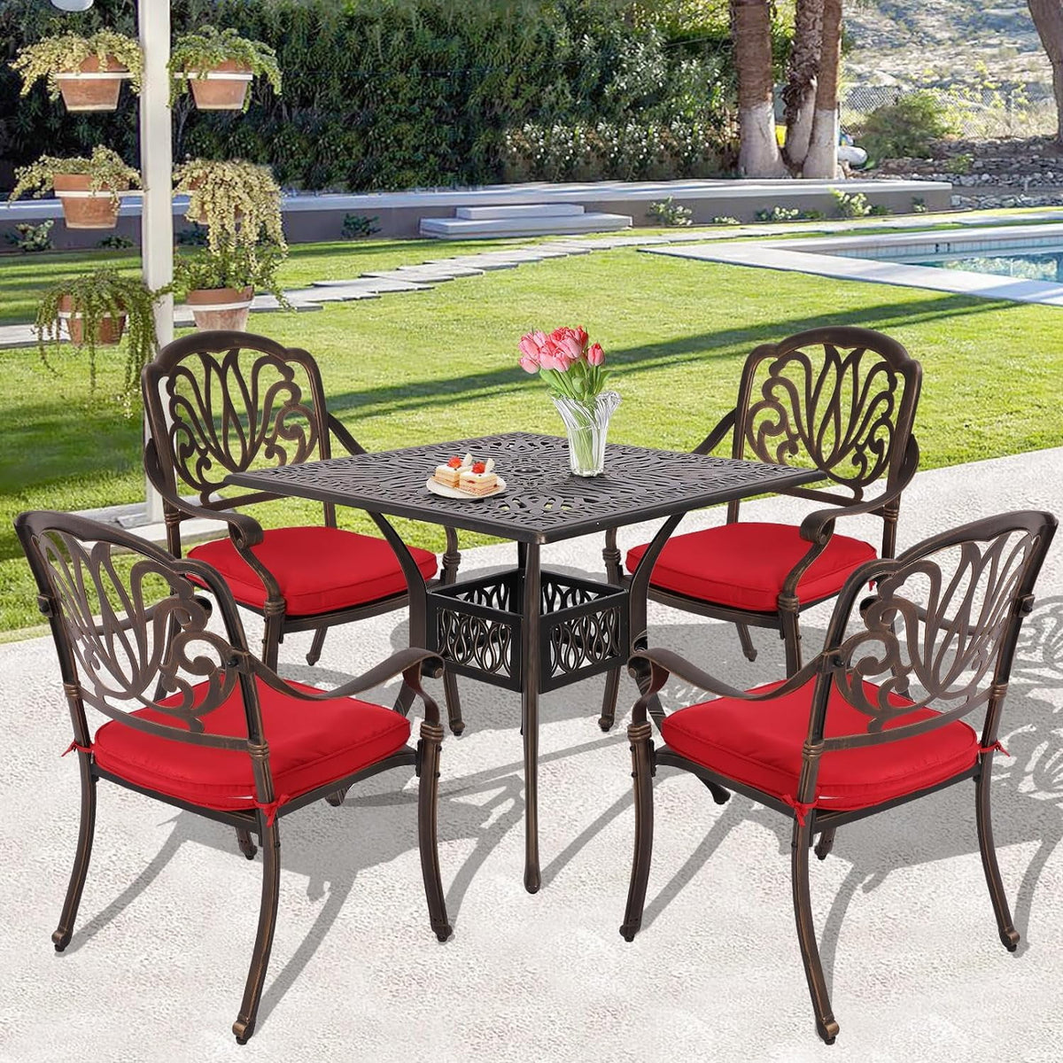 5 Piece Cast Aluminum Patio Dining Set with Red Cushion R912