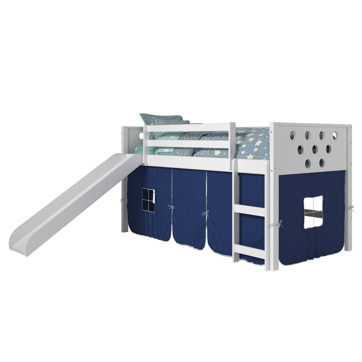 White Twin Circles Low Loft Bed with Slide and Camo Tent Kit D681
