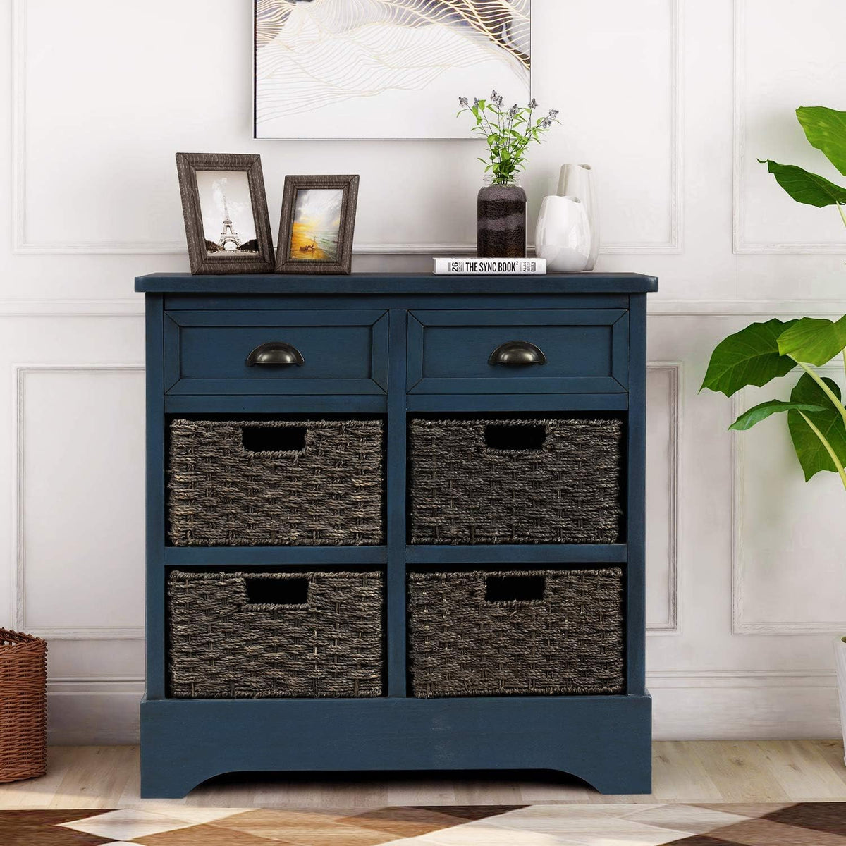 Rustic Storage Cabinet with Two Drawers and Four Fabric Basket (White) P607225
