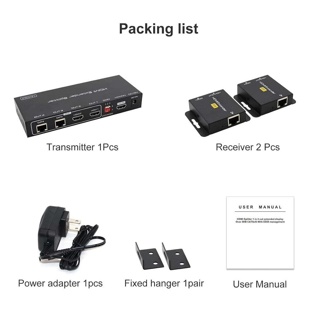 HDMI Extender Splitter 1 in 2 Out Over Cat5e/6 Ethernet 1080p N766