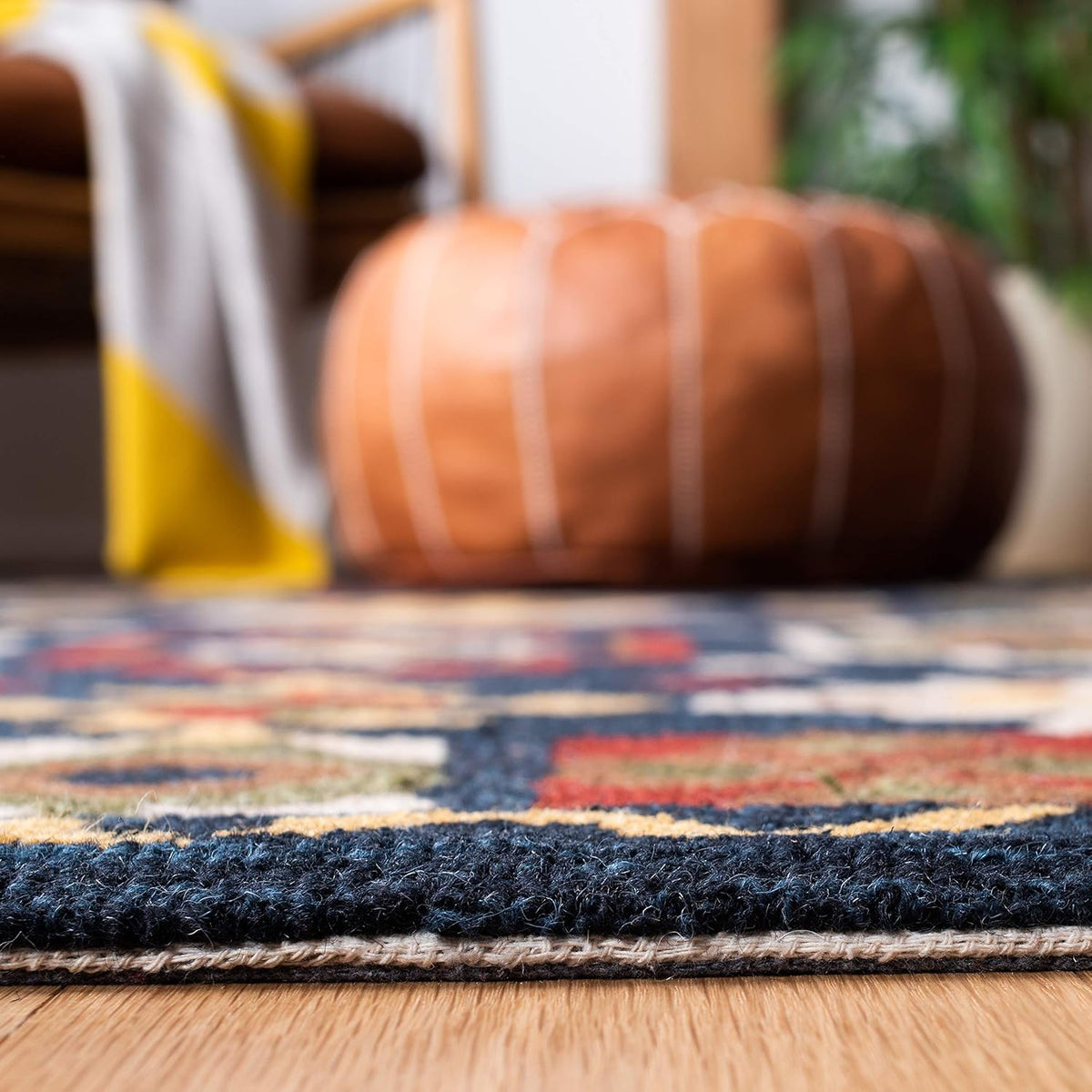 6' Square Navy Red Handmade Traditional Wool Area Rug O4686