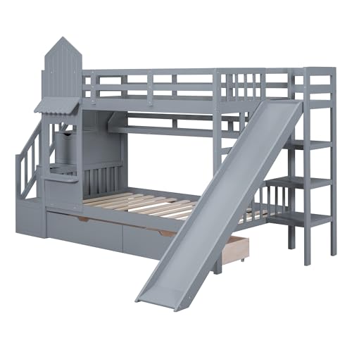 Full-Over-Full Wood Bunk Bed with Slide and Storage Staircase B365