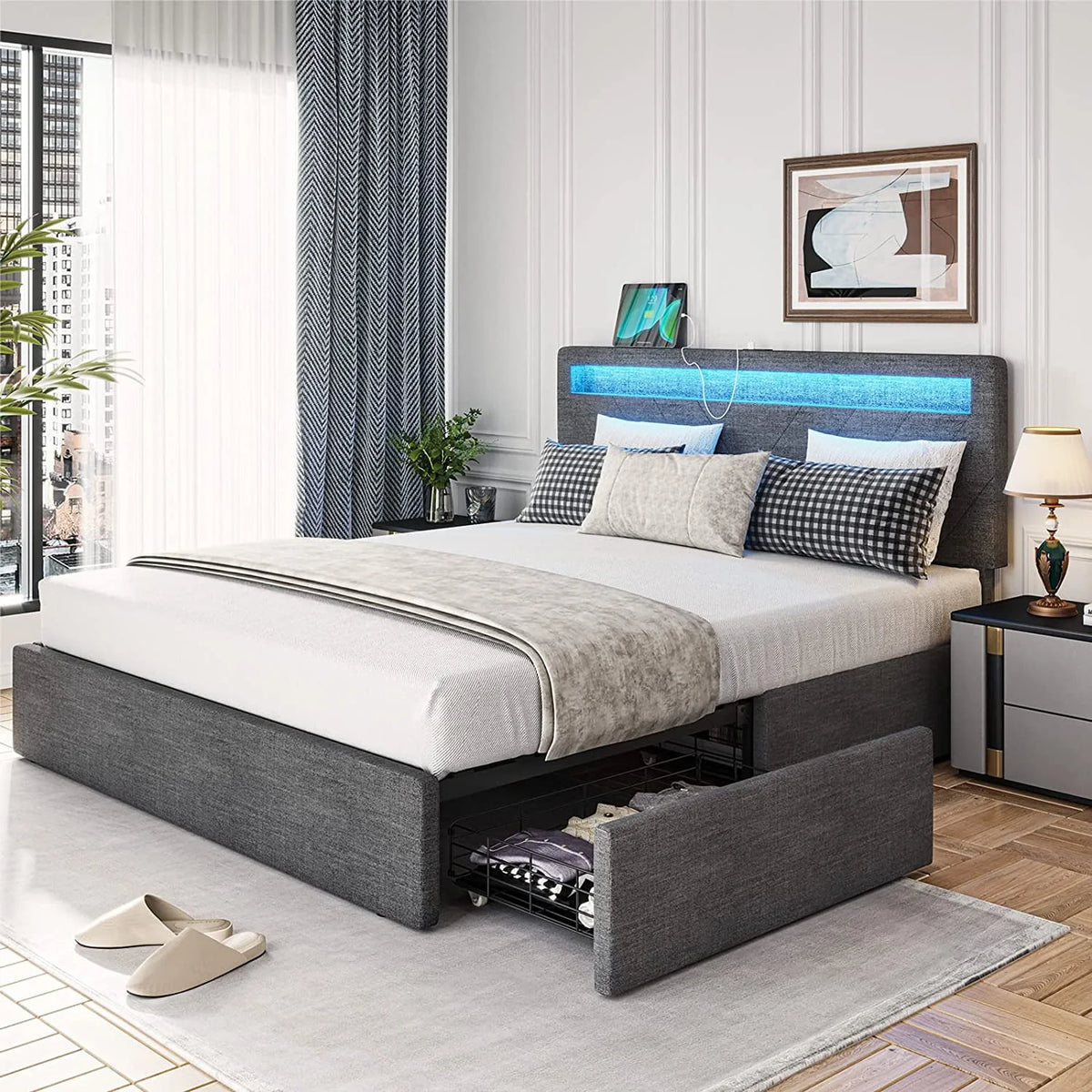 Queen Bed Frame with LED Lights Headboard, 4 Drawers, 2 USB Charging Station, Upholstered Platform Bed, Dark Gray N4034