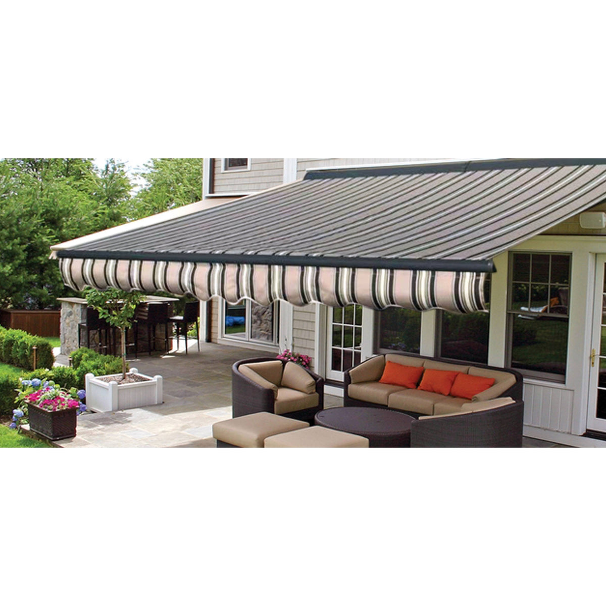 Motorized LED 12 x 10 ft. Half Cassette Retractable Awning Multi-Stripe Green K5189
