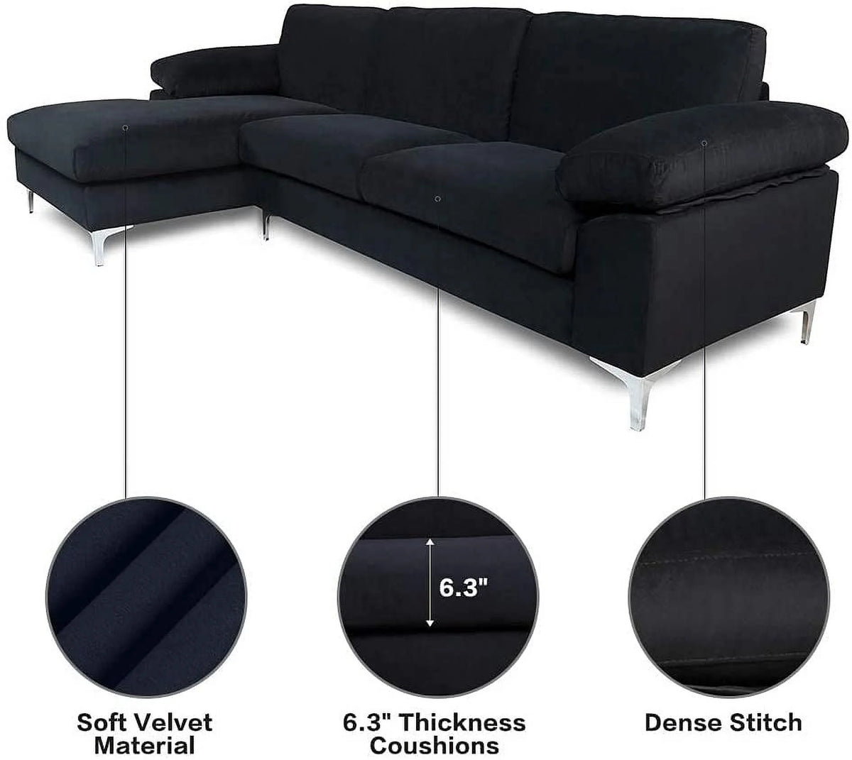 Black Velvet L-Shaped Sectional Sofa with Metal Legs D9670