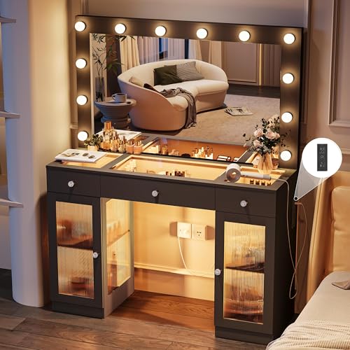 White Glass Top Vanity Desk with Large Mirror and Lights V630267