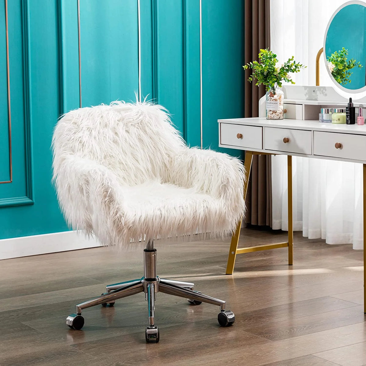 White Faux Fur Swivel Desk Chair with Back B525183