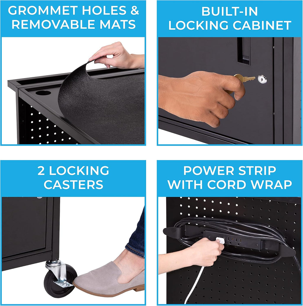 AV Cart with Pegboard Siding, 12 Hooks, Locking Cabinet, Pullout Keyboard Tray, Locking Wheels E650