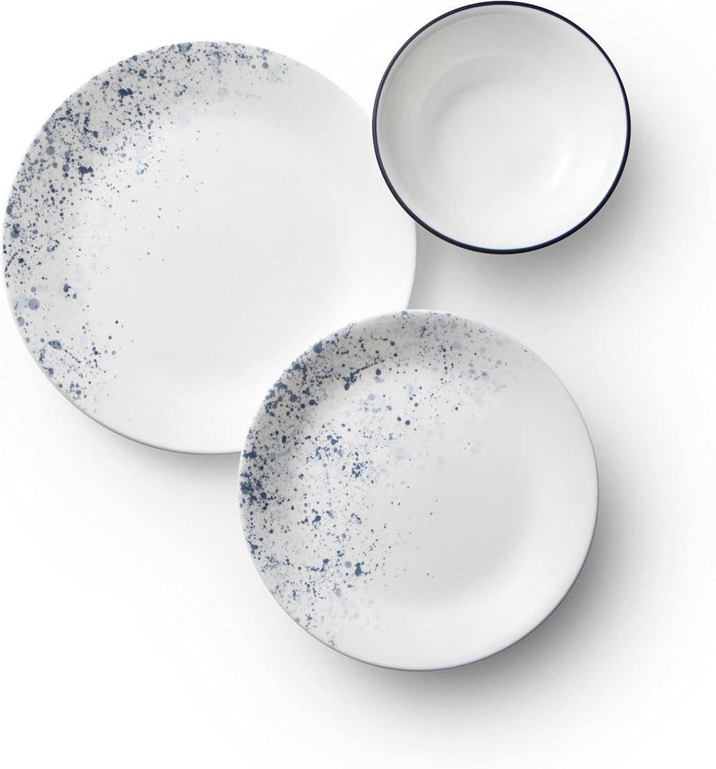18-Piece Dinnerware Set, Indigo Speckle, 4-Pc Versa Bowls, 30-Oz Compact Stack Bowl Set, White I427042