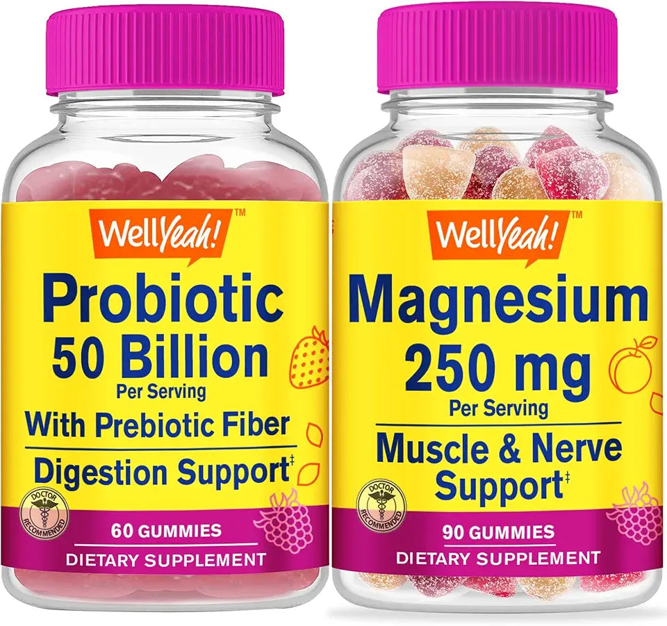 Probiotics 50B+ Prebiotics Magnesium Citrate 250mg Gummies Bundle Gluten Free GMO Free Chewable Gummy Vitamin Supplement D5591