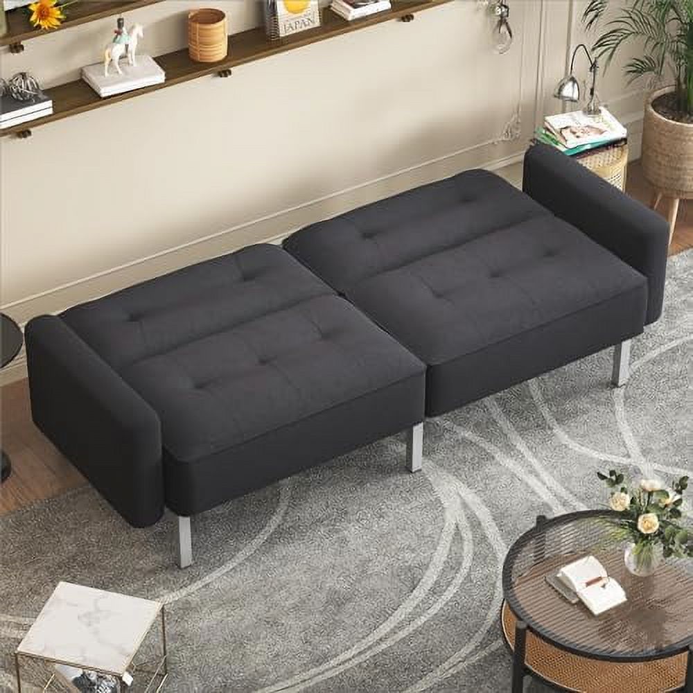 Black Linen Fabric Convertible Futon Sofa Bed with Metal Legs L3073