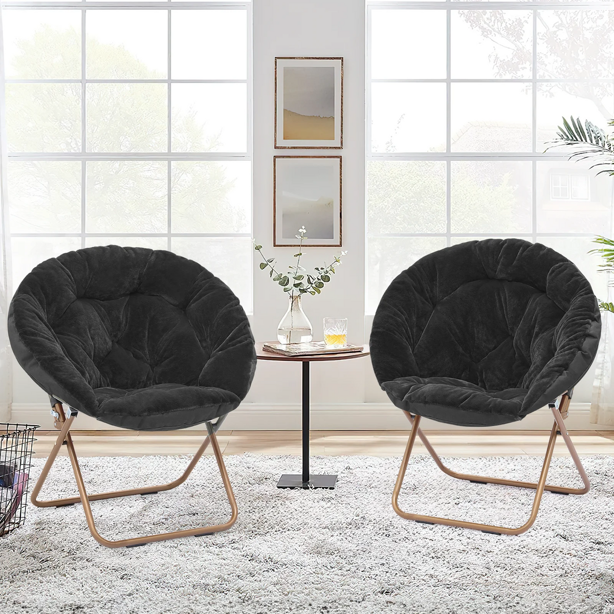 Black Faux Fur Folding Accent Chair with Metal Frame Z573