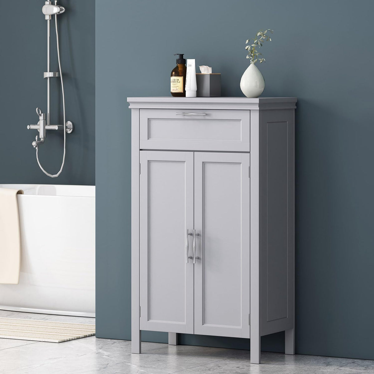 Wooden Bathroom Floor Cabinet with Drawer, Adjustable Shelf, 2-Door Cupboard N7752