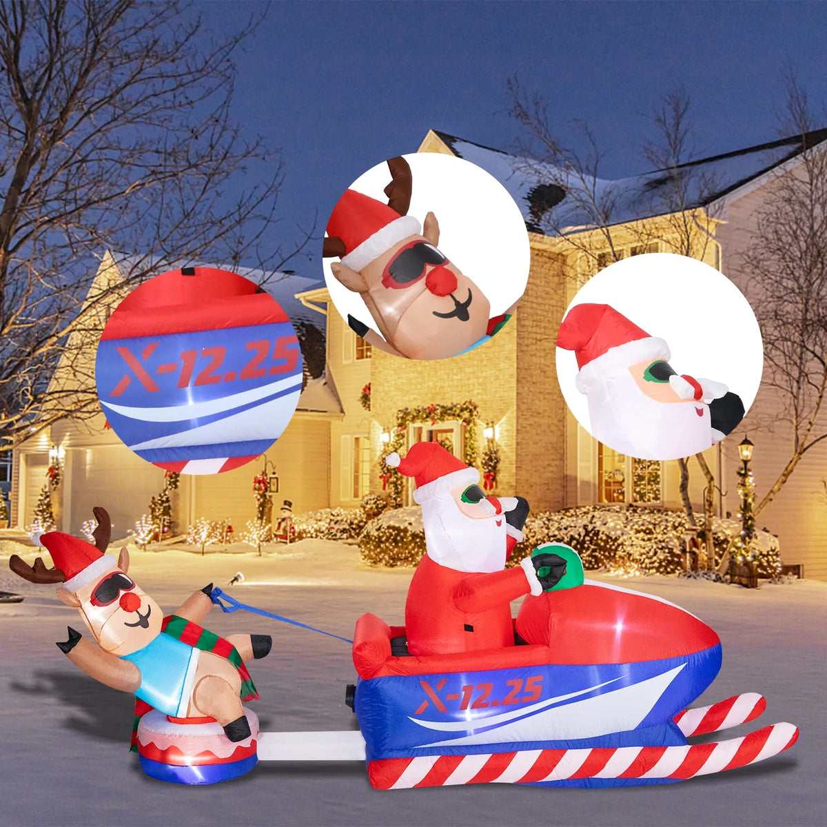 Snowmobile Santa Claus and Reindeer Sleigh LED Christmas Inflatables Outdoor Decorations P175