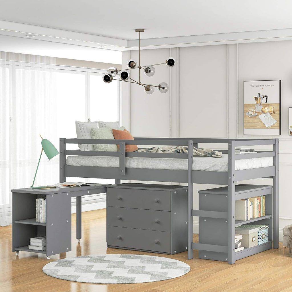 Grey Wood Twin Loft Bed with Storage Drawers A339829