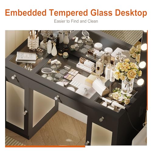 White Glass Top Vanity Desk with Large Mirror and Lights V630267
