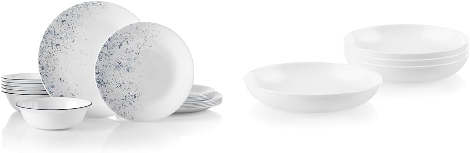 18-Piece Dinnerware Set, Indigo Speckle, 4-Pc Versa Bowls, 30-Oz Compact Stack Bowl Set, White I427042