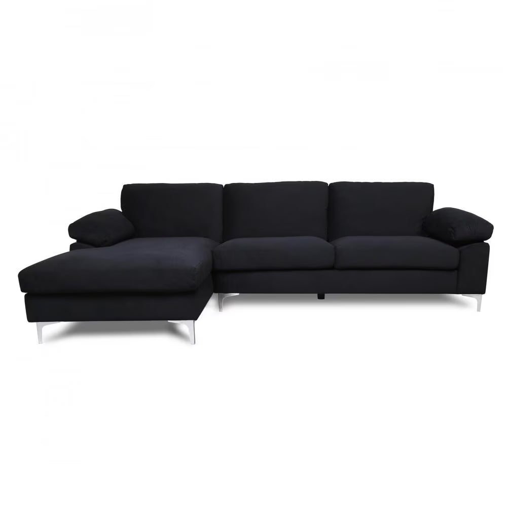 Black Velvet L-Shaped Sectional Sofa with Metal Legs D9670