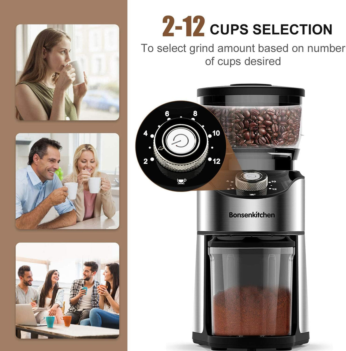 Stainless Steel Electric Conical Burr Coffee Grinder with 12 Grind Settings M28230