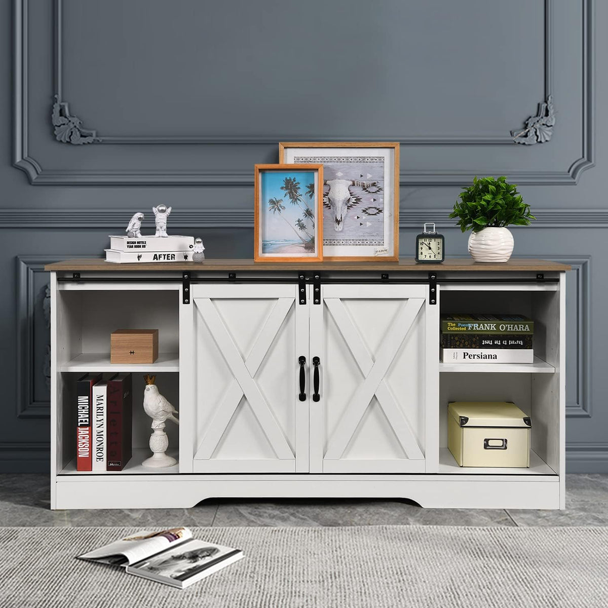 White Farmhouse TV Stand with Sliding Barn Doors and Adjustable Shelves Z90405
