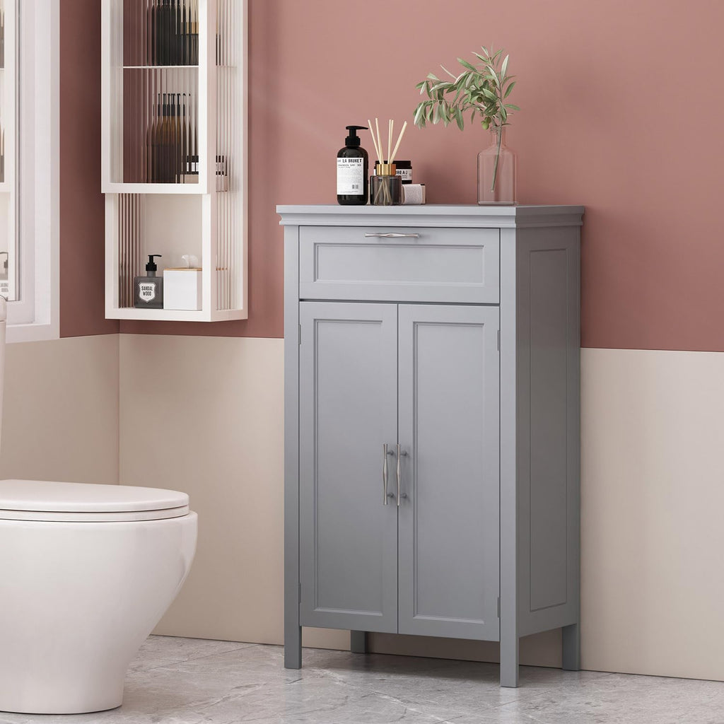 Wooden Bathroom Floor Cabinet with Drawer, Adjustable Shelf, 2-Door Cupboard N7752