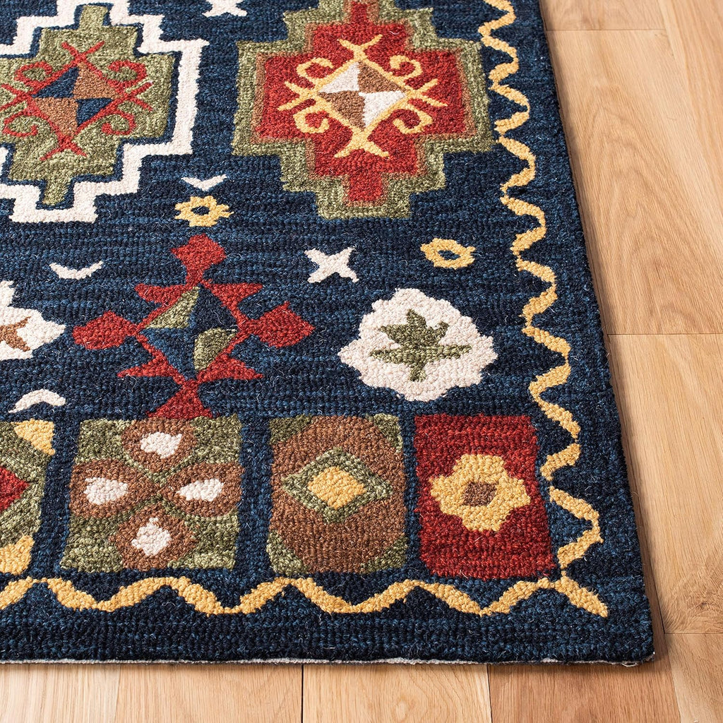 6' Square Navy Red Handmade Traditional Wool Area Rug O4686