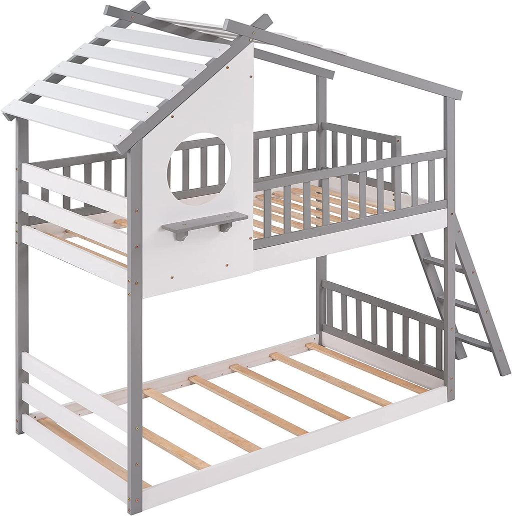Gray Wood Kids House Bed with Roof and Ladder I710653