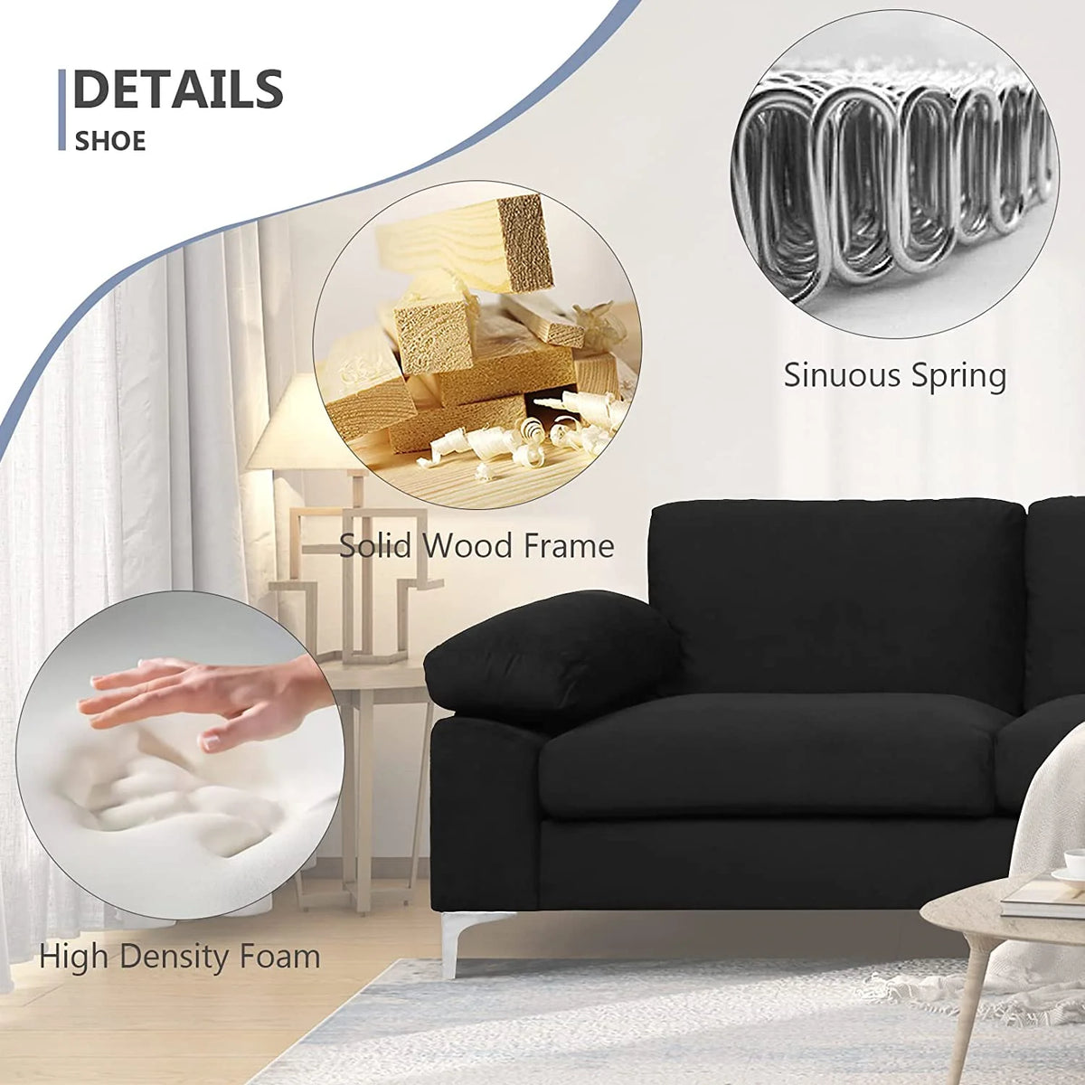 Black Velvet L-Shaped Sectional Sofa with Metal Legs D9670