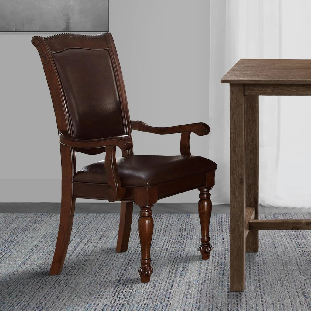 Wood & Leather Dining Side Arm Chair, Brown & Dark Brown, Set of 2 C444543