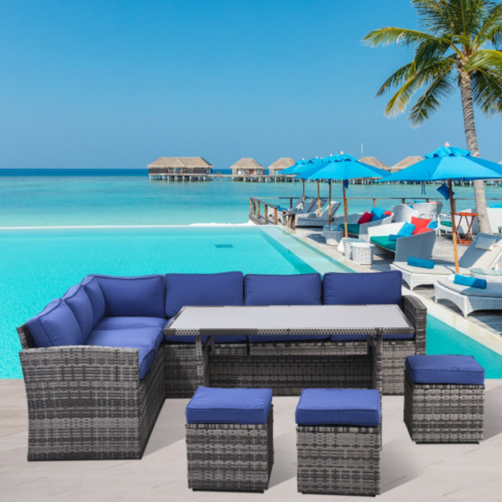 7 Piece Outdoor Patio Furniture Set with Dining Table, Chairs and Ottomans D609