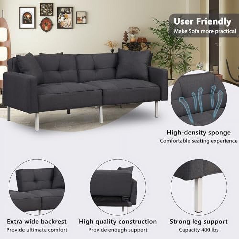 Black Linen Fabric Convertible Futon Sofa Bed with Metal Legs L3073