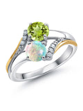 10K Yellow Gold and 925 Silver Engagement Ring with White Opal, Green Peridot, and White Lab Grown Diamond Accent U148