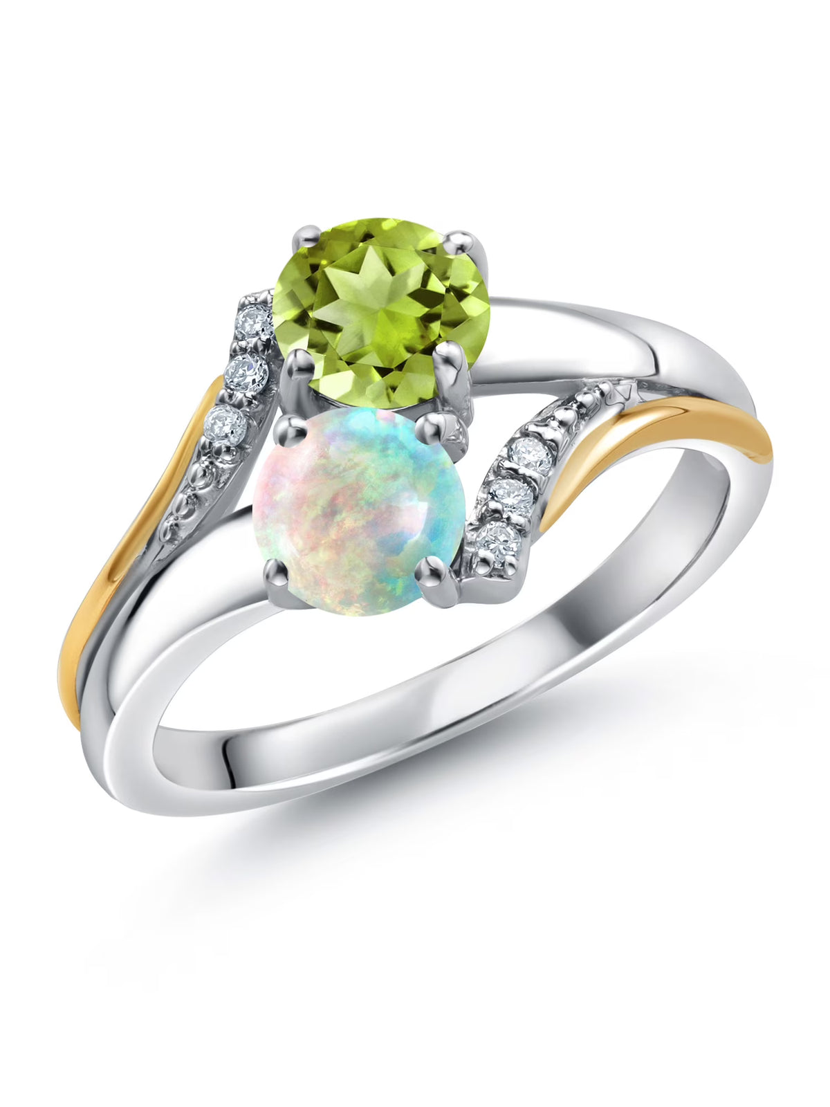 10K Yellow Gold and 925 Silver Engagement Ring with White Opal, Green Peridot, and White Lab Grown Diamond Accent U148