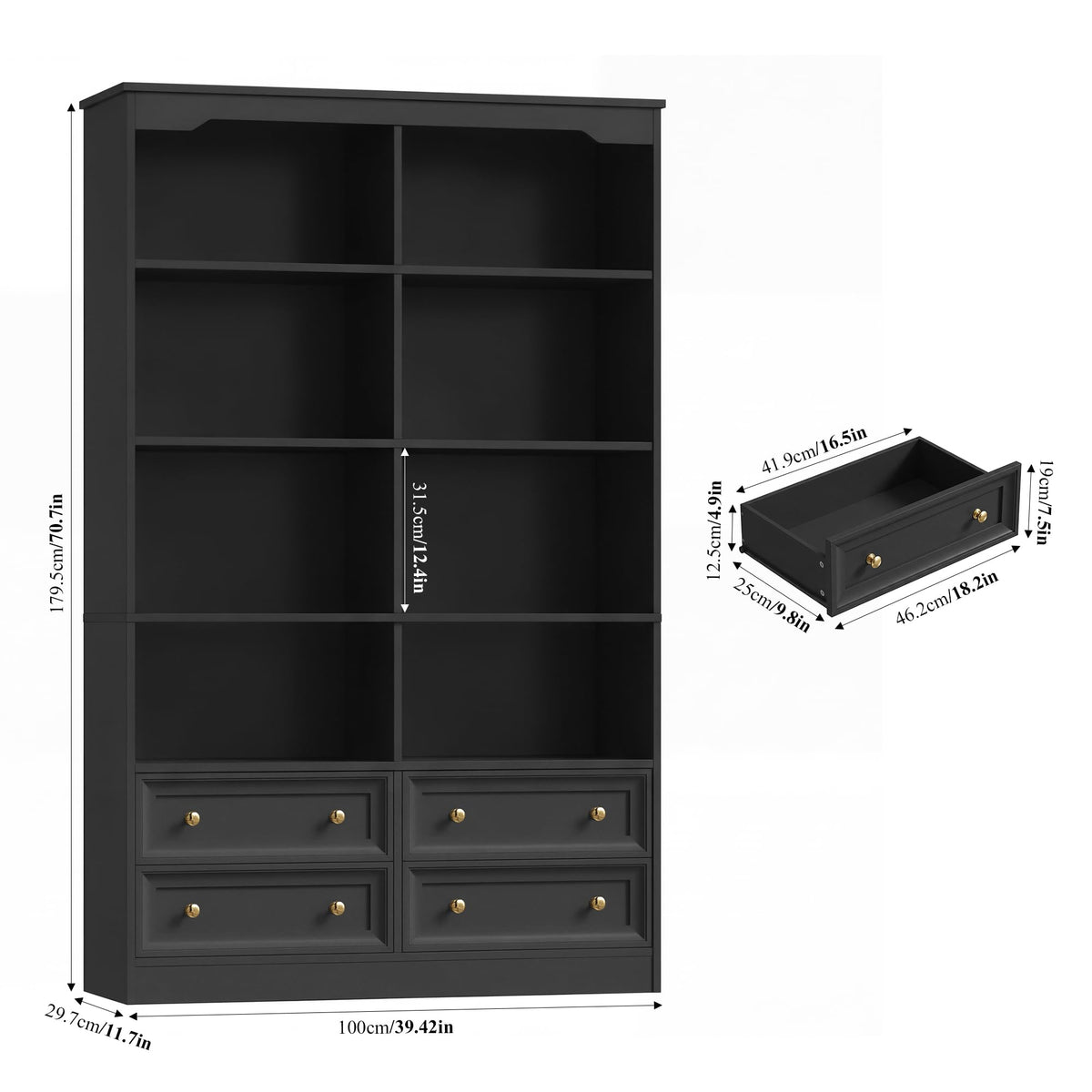71" Tall Black Bookshelf with 4 Drawers A21583
