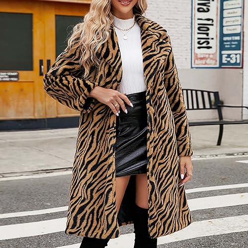 Womens Leopard Print Fleece Faux Fur Long Jacket Overcoat Plus Size K176