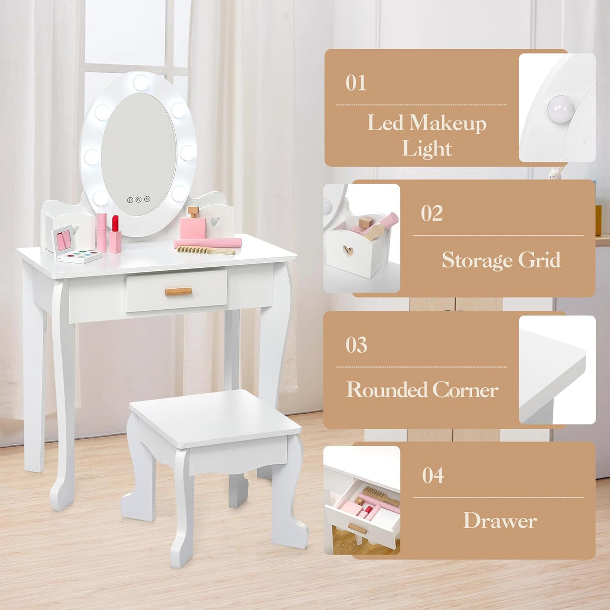 Vanity Table Set with Lighted Mirror and Stool F170