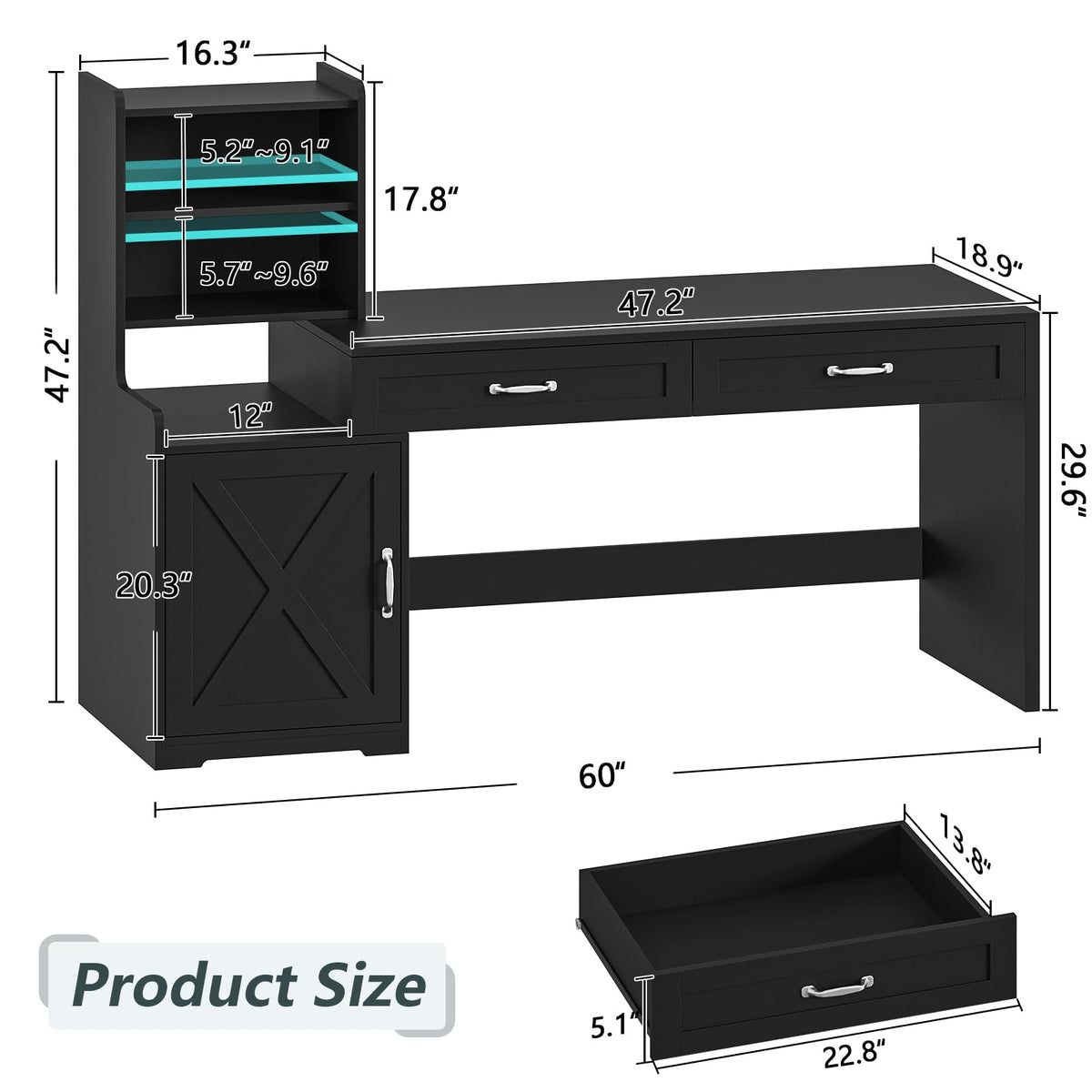 60" Computer Desk with Drawers & Bookshelves Y3535