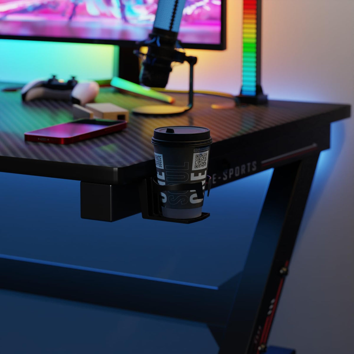 47" Black & Red Carbon Fiber Textured Gaming Desk with Cup Holder Q417