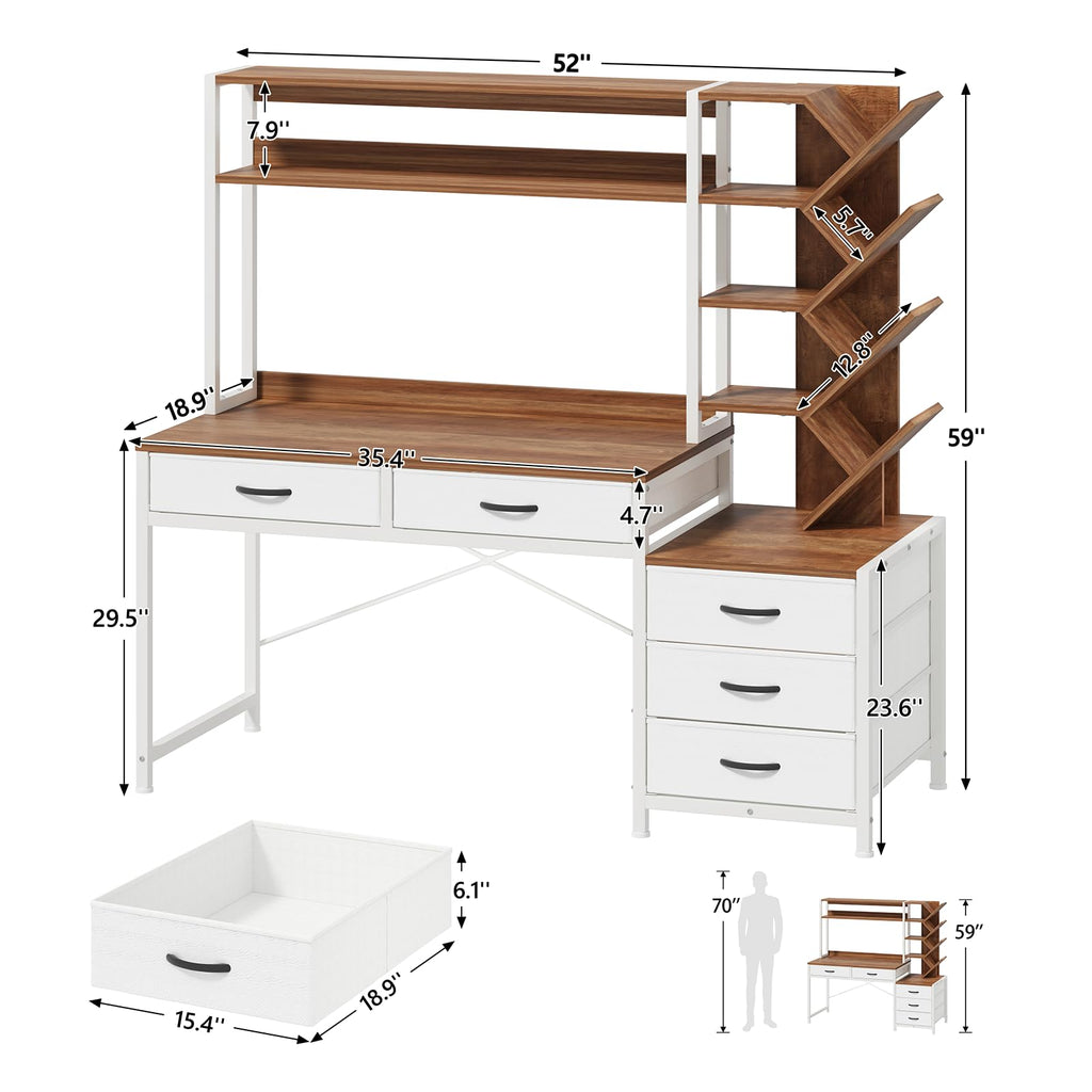 52" Computer Desk with Bookshelf, 5 Drawers & Hutch J8726