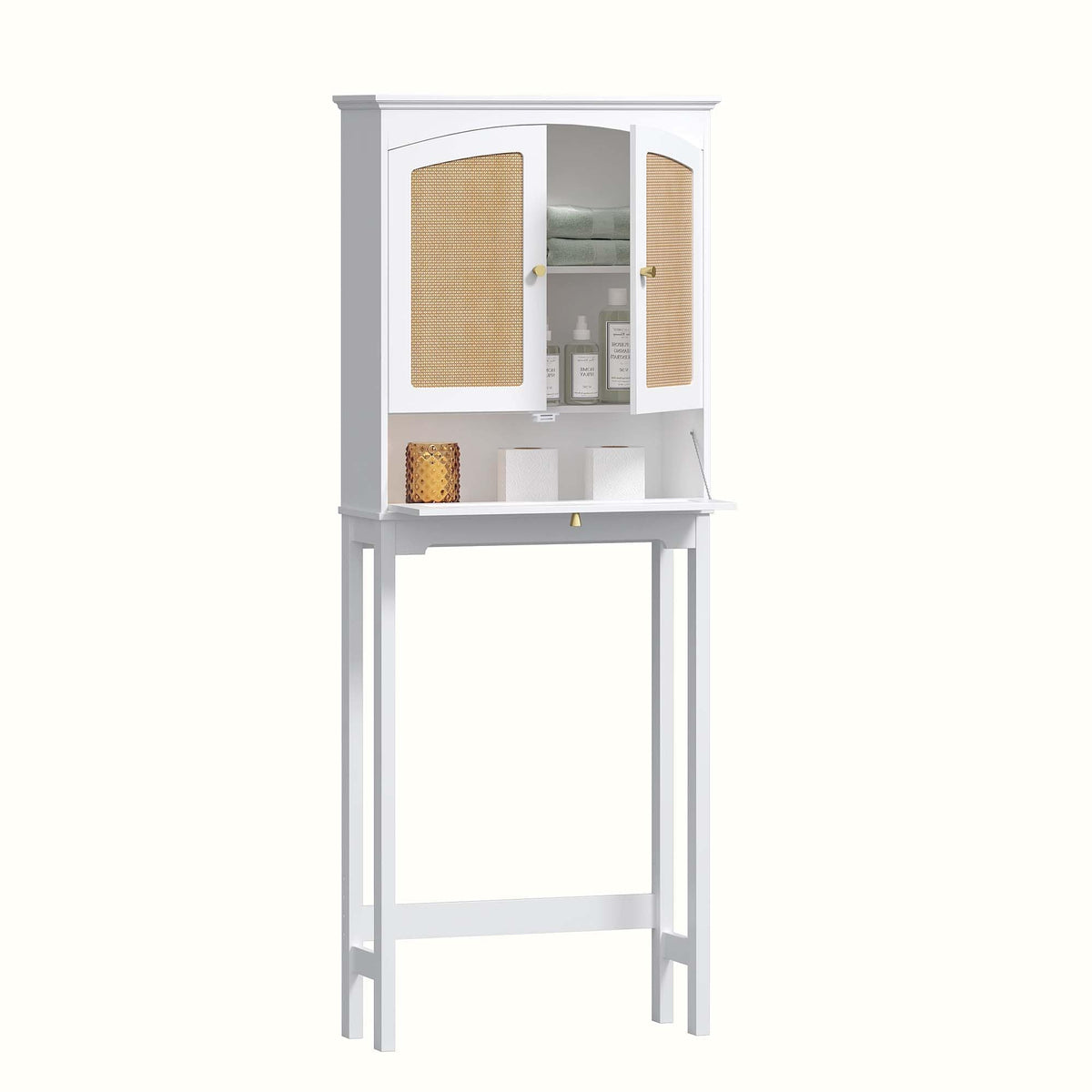 Over the Toilet Storage Cabinet with Arched Rattan Doors, White A708