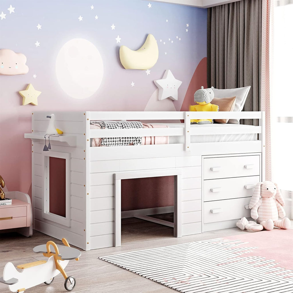Grey Wood Twin Loft Bed with Storage Drawers A339829
