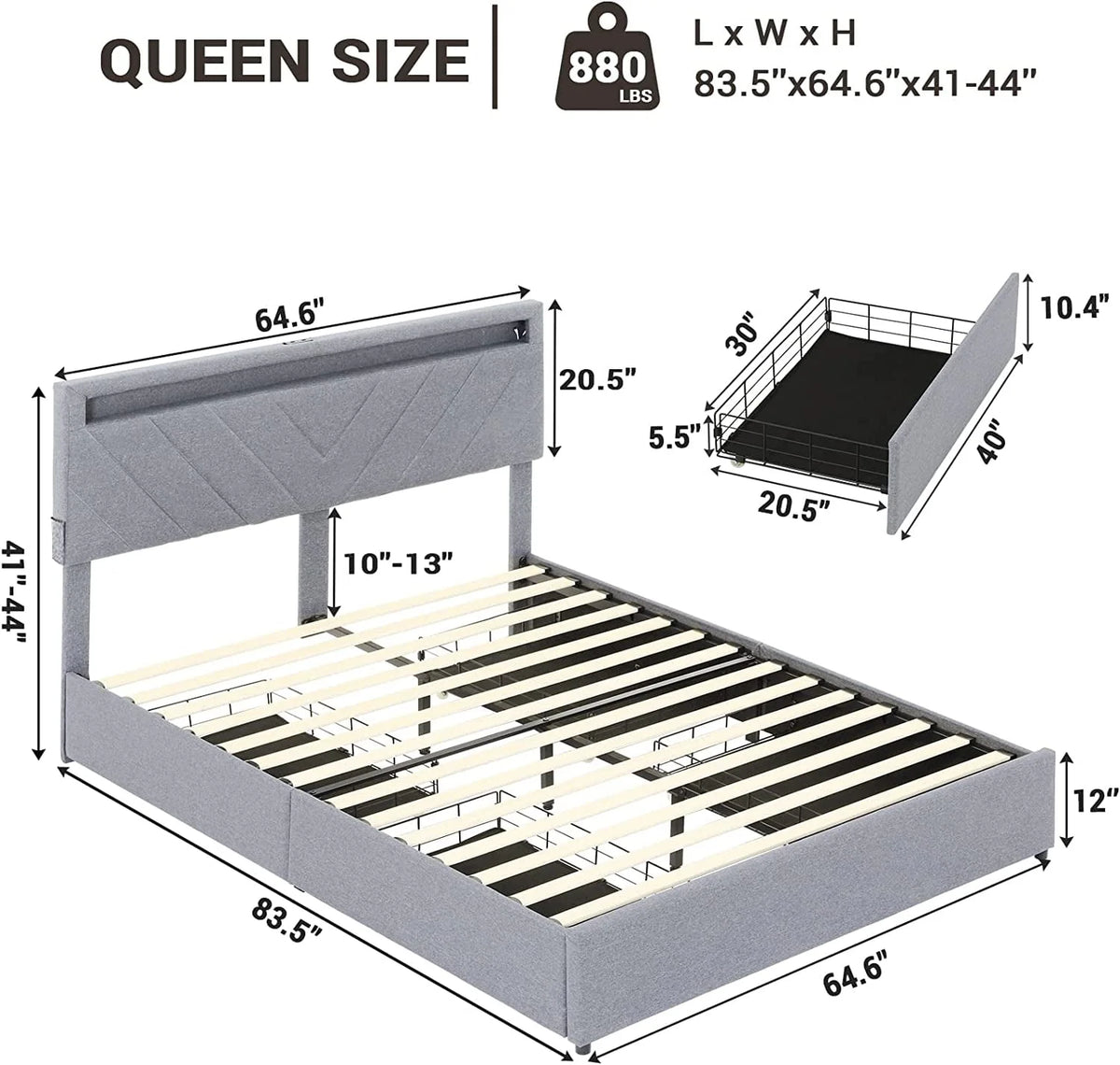 Queen Bed Frame with LED Lights Headboard, 4 Drawers, 2 USB Charging Station, Upholstered Platform Bed, Dark Gray N4034
