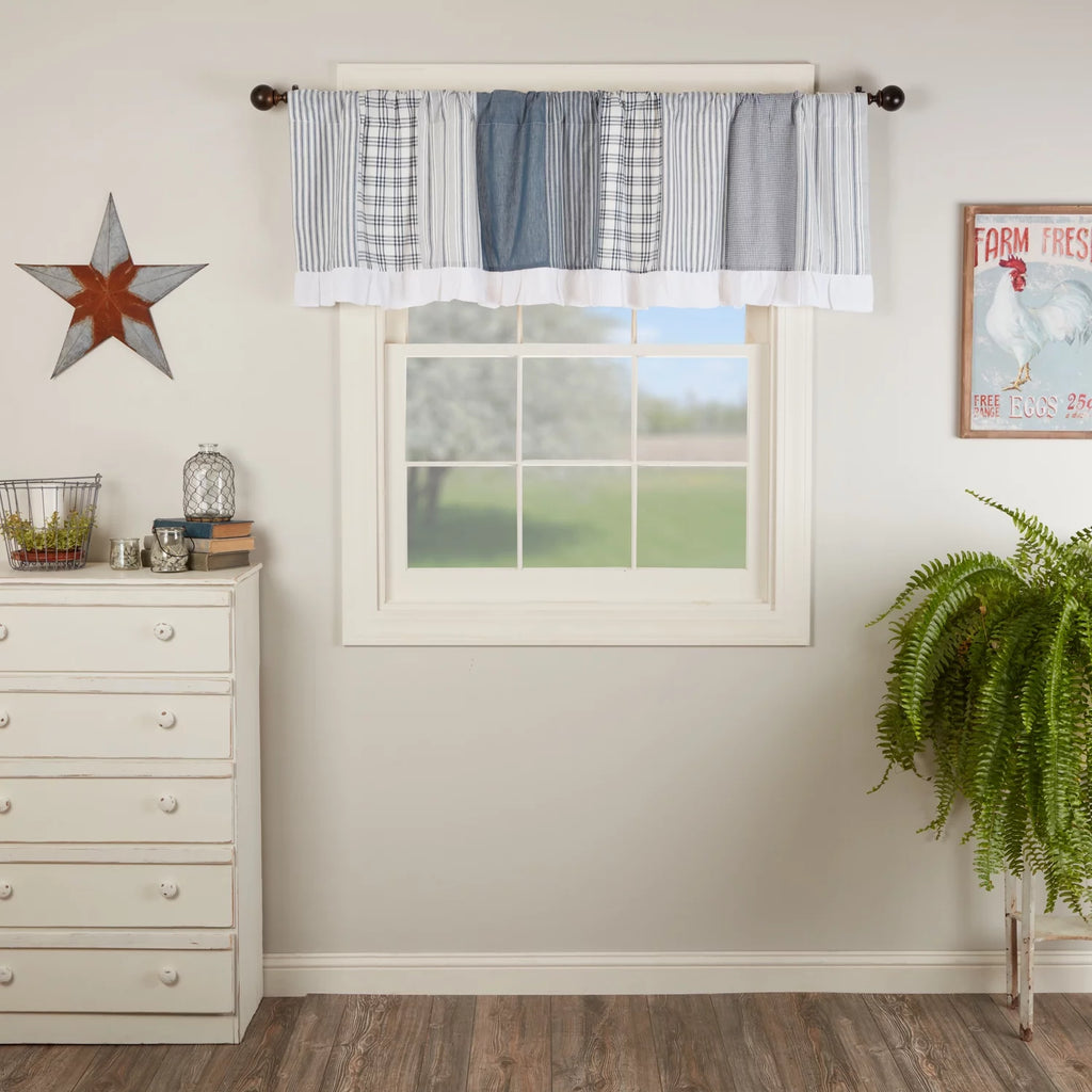 Blue Farmhouse Window Panel Set with Attached Valance Q853217