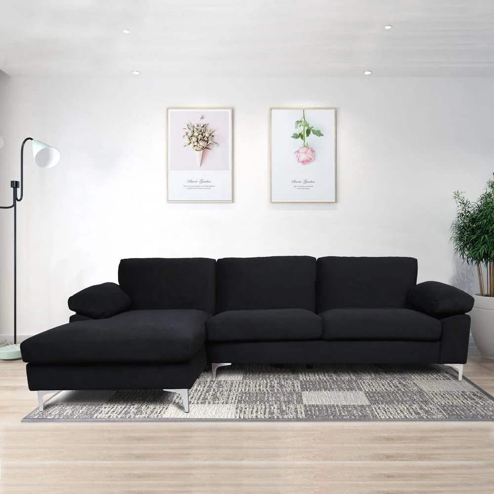 Black Velvet L-Shaped Sectional Sofa with Metal Legs D9670